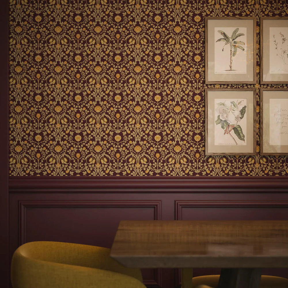 LAN100040 - Tulip Garden Wallpaper - Gold on Bordeaux - Lucie Annabel