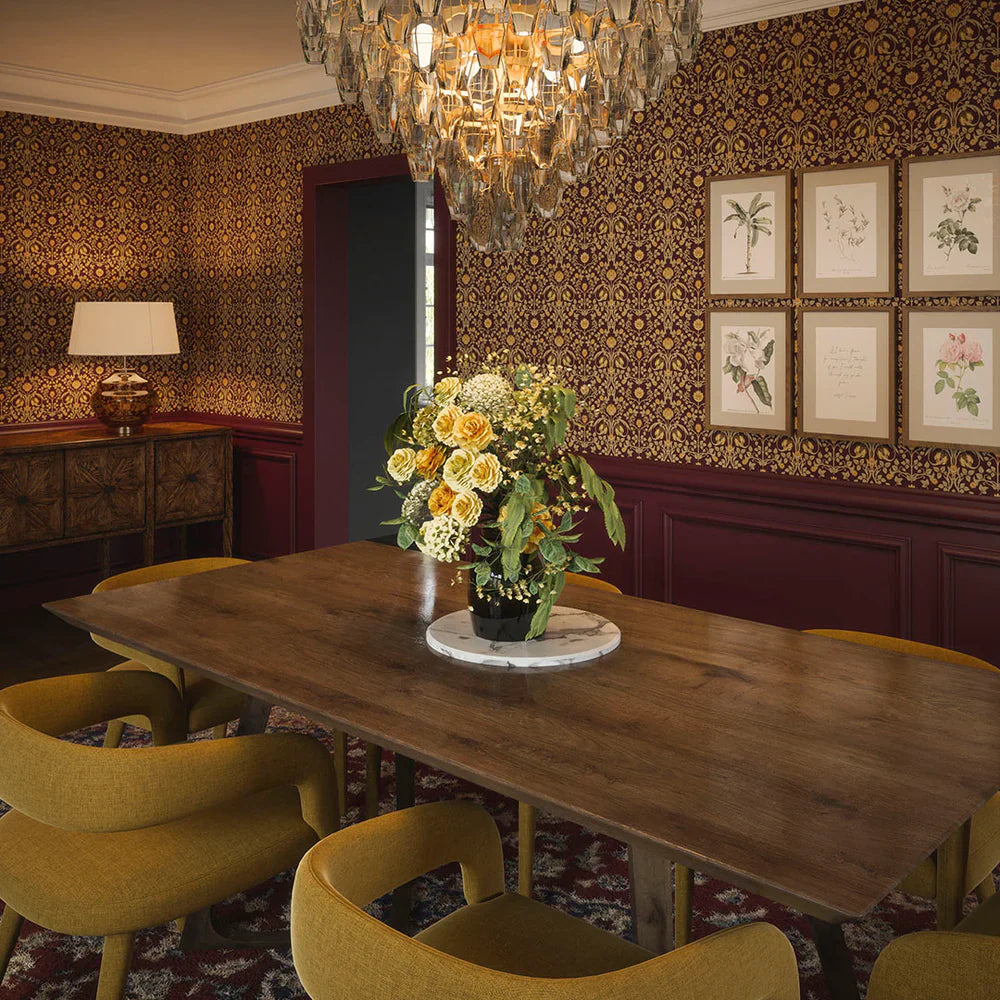 LAN100040 - Tulip Garden Wallpaper - Gold on Bordeaux - Lucie Annabel