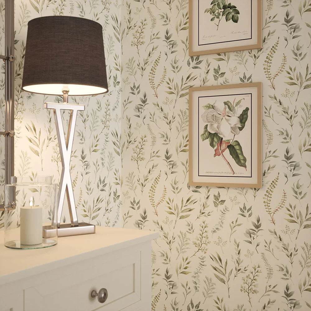 LAN100045 - Countryside Trail Wallpaper - Rustic Greens on Ivory Linen - Lucie Annabel