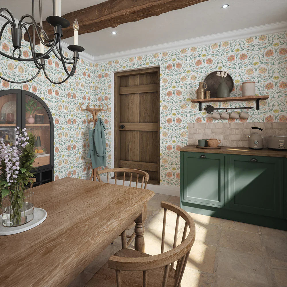 LAN100092 - Vintage Trellis Wallpaper - Silt Green, Peach & Yellow - Lucie Annabel