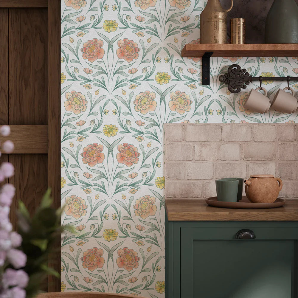LAN100092 - Vintage Trellis Wallpaper - Silt Green, Peach & Yellow - Lucie Annabel