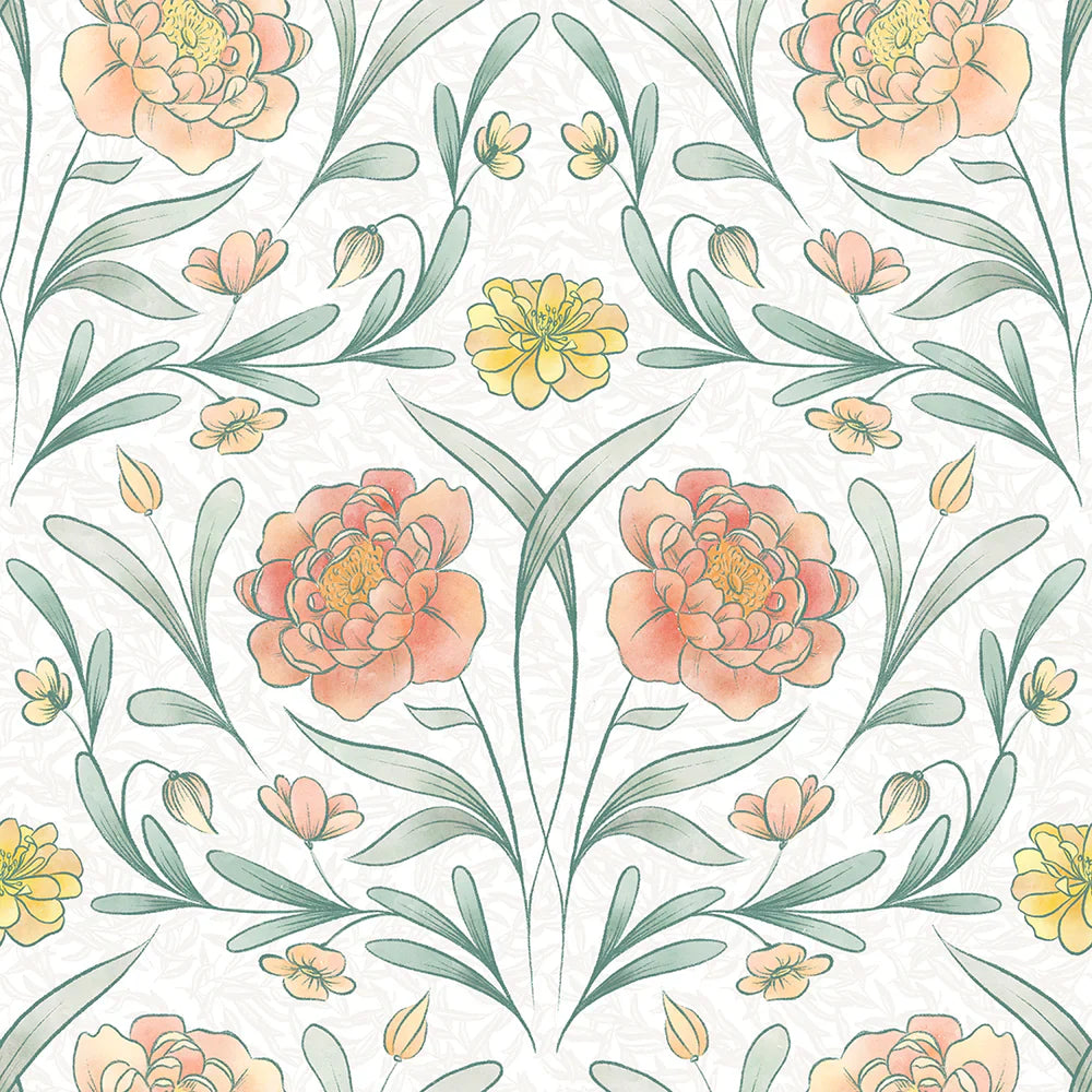 LAN100092 - Vintage Trellis Wallpaper - Silt Green, Peach & Yellow - Lucie Annabel