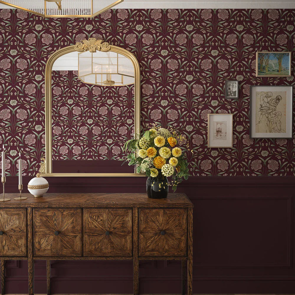 LAN100093 - Vintage Trellis Wallpaper - Pistachio & Mulberry on Fig - Lucie Annabel