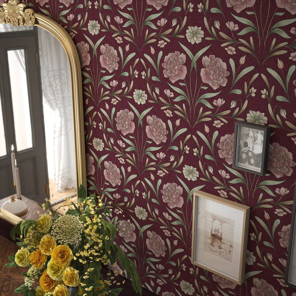 LAN100093 - Vintage Trellis Wallpaper - Pistachio & Mulberry on Fig - Lucie Annabel