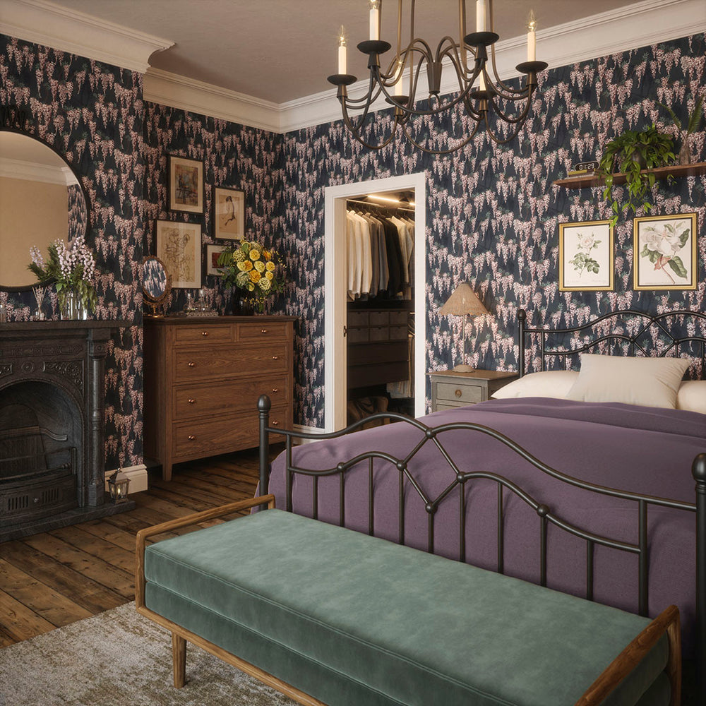 LAN100099 - Wisteria Lane Wallpaper - Classic Navy with Berry Pinks - Lucie Annabel