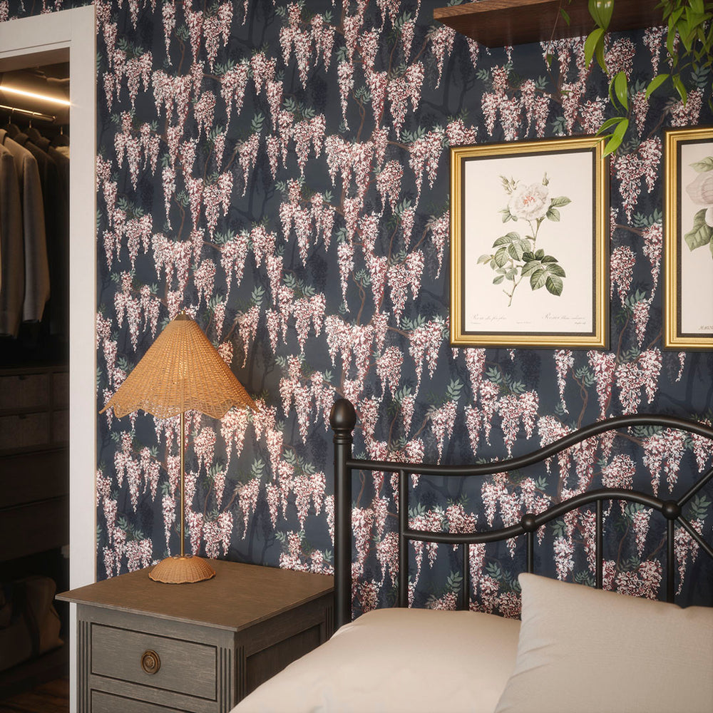LAN100099 - Wisteria Lane Wallpaper - Classic Navy with Berry Pinks - Lucie Annabel