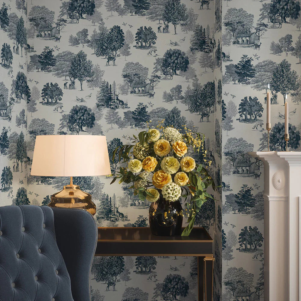 LAN100118 - Toile De Jouy Wallpaper - Ink Blue - Lucie Annabel