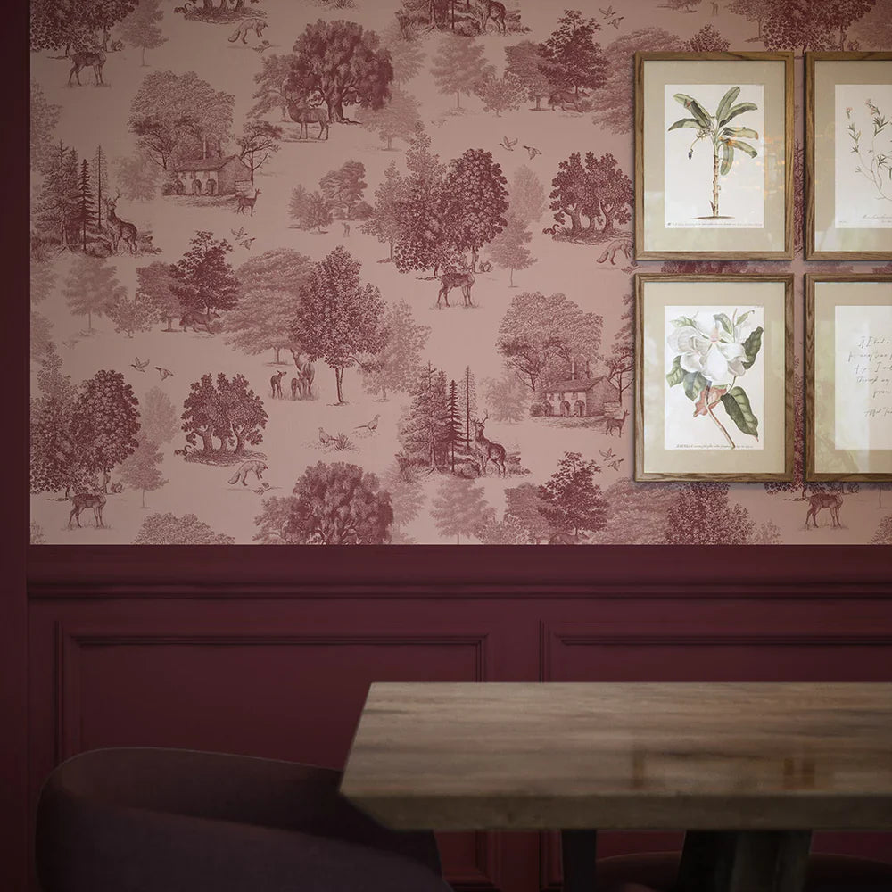 LAN100119 - Toile De Jouy Wallpaper - Red Berry - Lucie Annabel