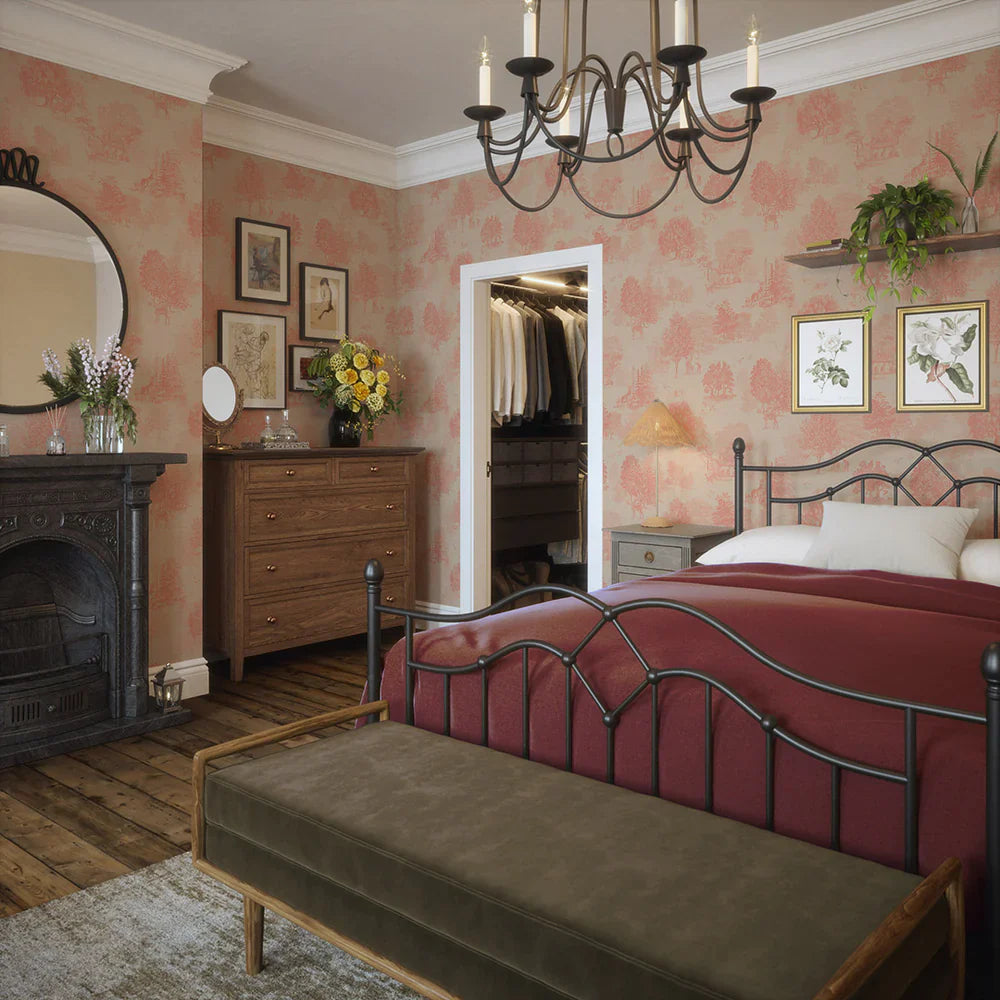 LAN100120 - Toile De Jouy Wallpaper - Coral - Lucie Annabel
