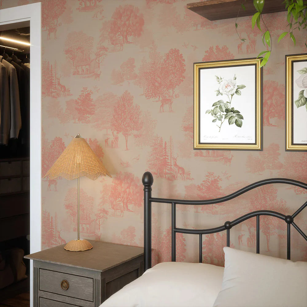 LAN100120 - Toile De Jouy Wallpaper - Coral - Lucie Annabel