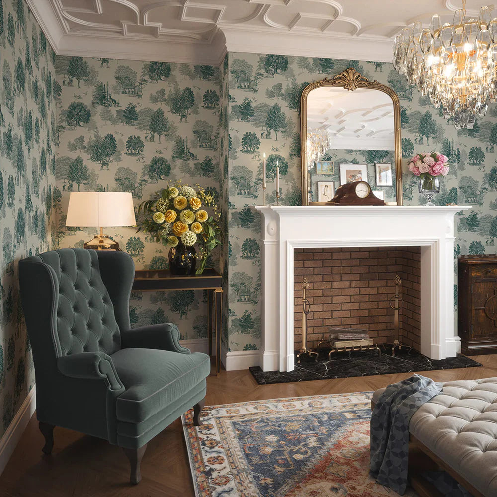 LAN100123 - Toile De Jouy Wallpaper - Deep Teal - Lucie Annabel