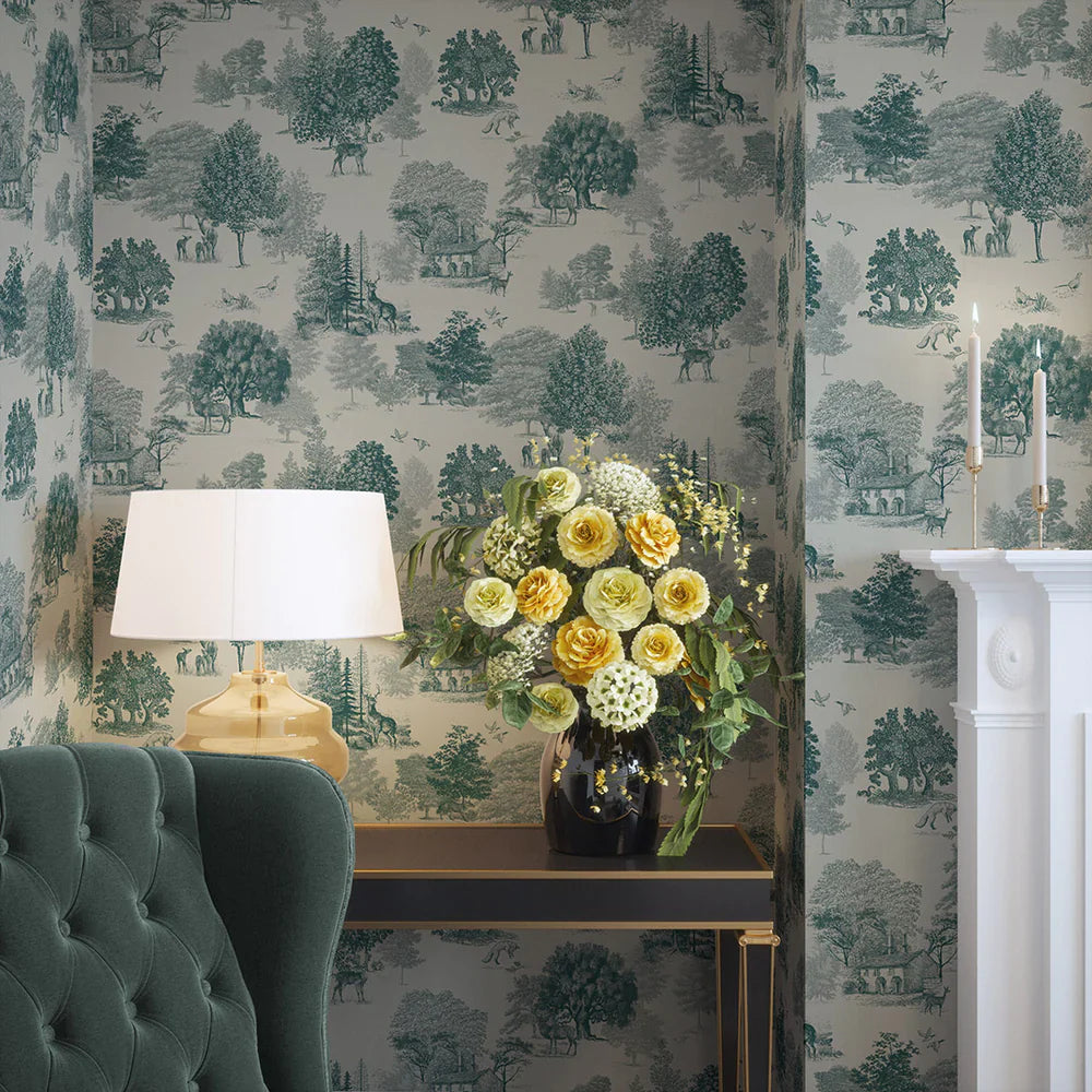 LAN100123 - Toile De Jouy Wallpaper - Deep Teal - Lucie Annabel