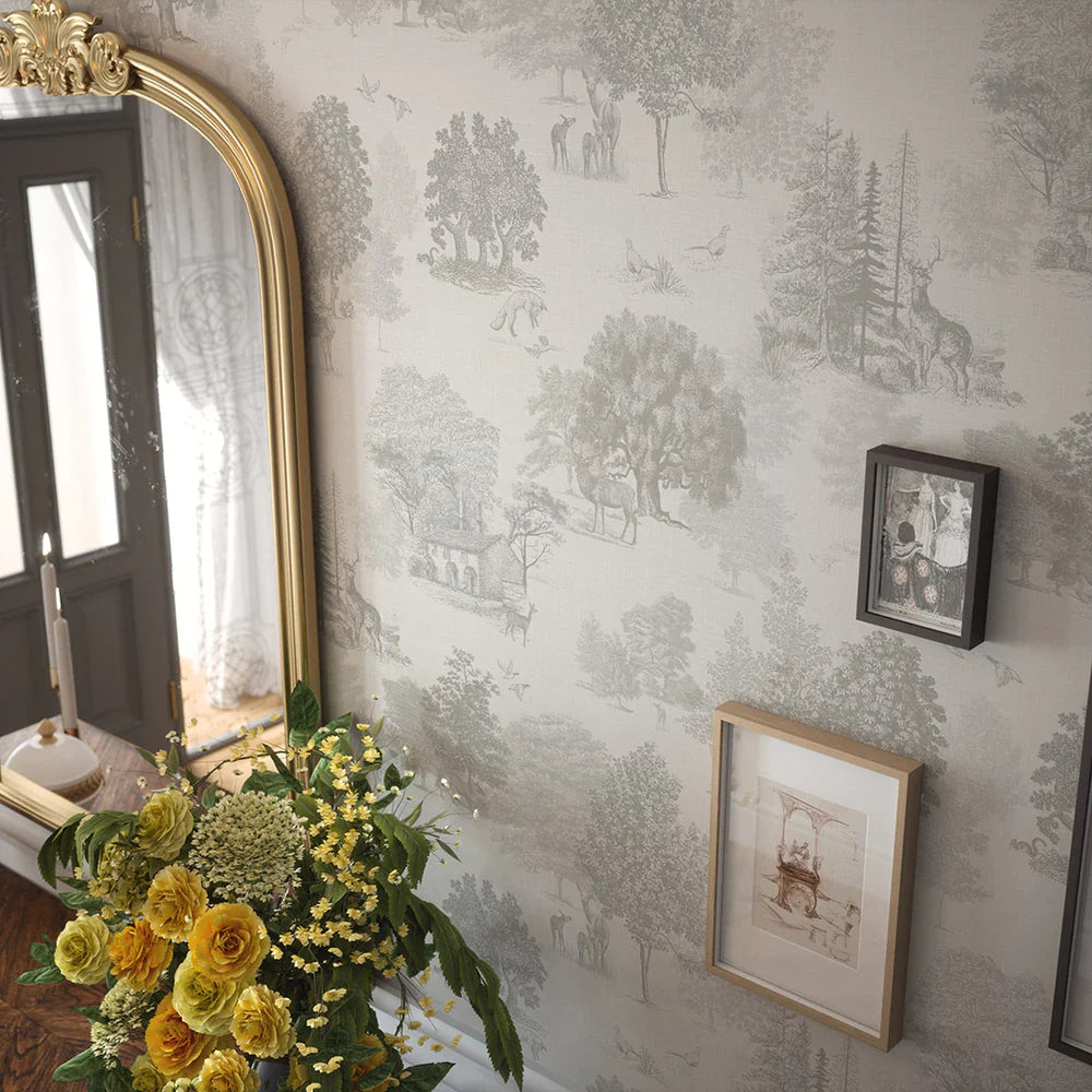 LAN100124 - Toile De Jouy Wallpaper - Greige - Lucie Annabel
