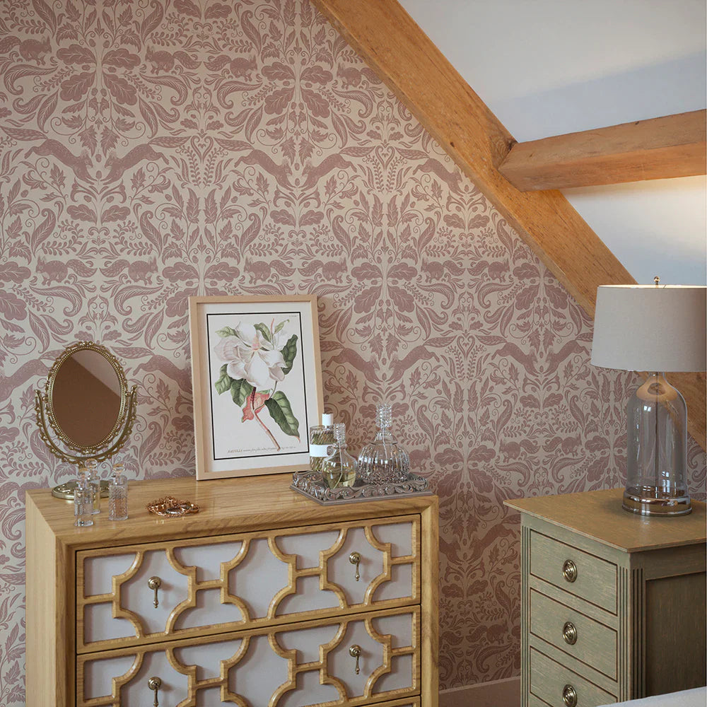 LAN100130 - The Secret Squirrel Wallpaper - Rosewood - Lucie Annabel