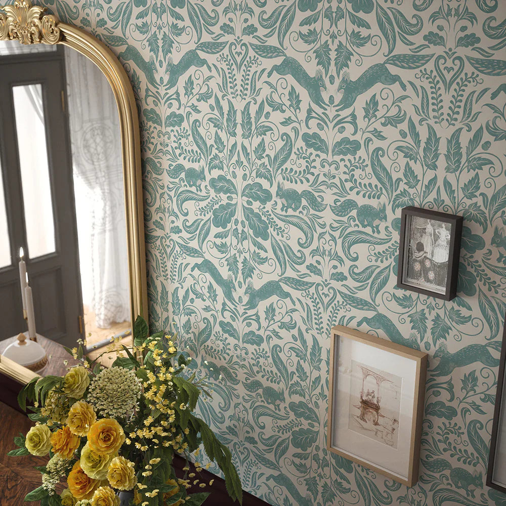LAN100131 - The Secret Squirrel Wallpaper - Teal - Lucie Annabel