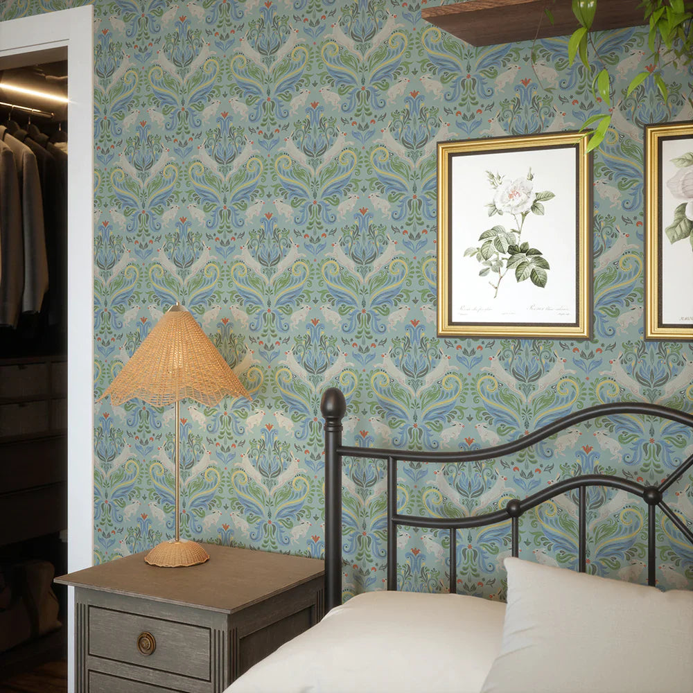 LAN100138 - The Hopping Hare Wallpaper - Springtime Shades - Lucie Annabel