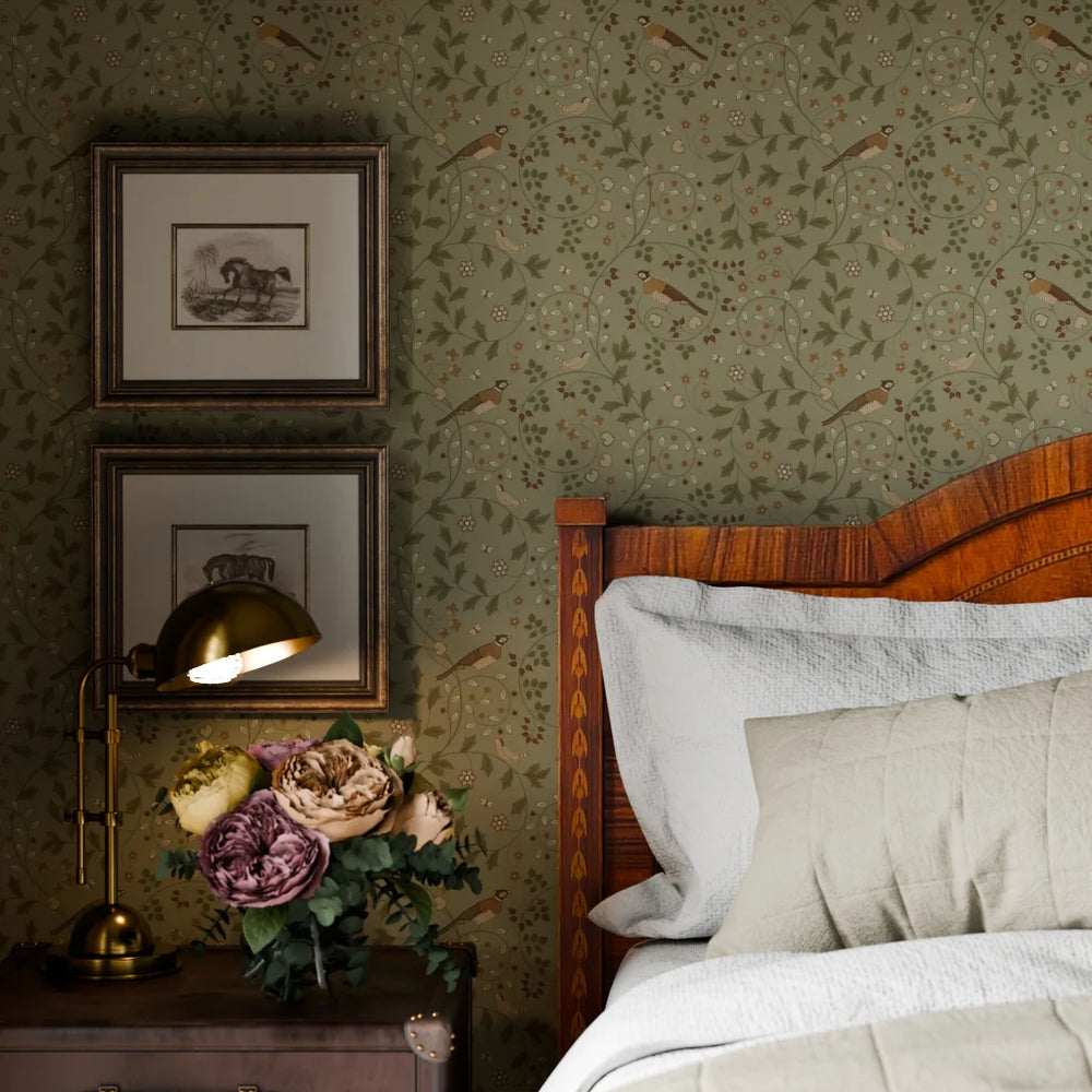 LAN100220 - The Grand Estate Wallpaper - Rural Tones on Sage Green - Lucie Annabel