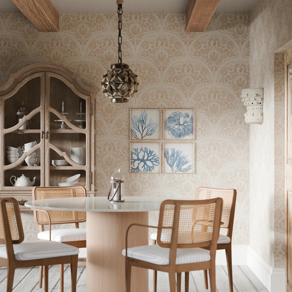 LAN100323 - St. Mawes Lace Wallpaper - Soft Spice on Pearl White - Lucie Annabel