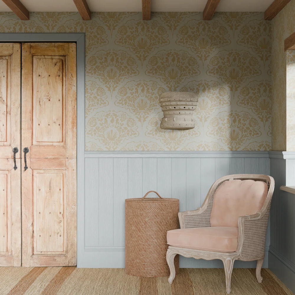 LAN100324 - St. Mawes Lace Wallpaper - Antique Gold on Duck Egg - Lucie Annabel