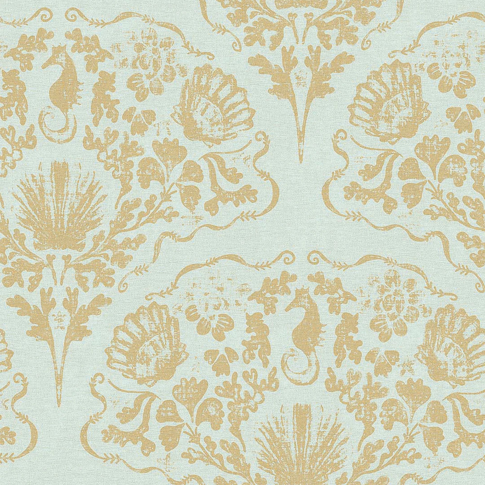 LAN100324 - St. Mawes Lace Wallpaper - Antique Gold on Duck Egg - Lucie Annabel