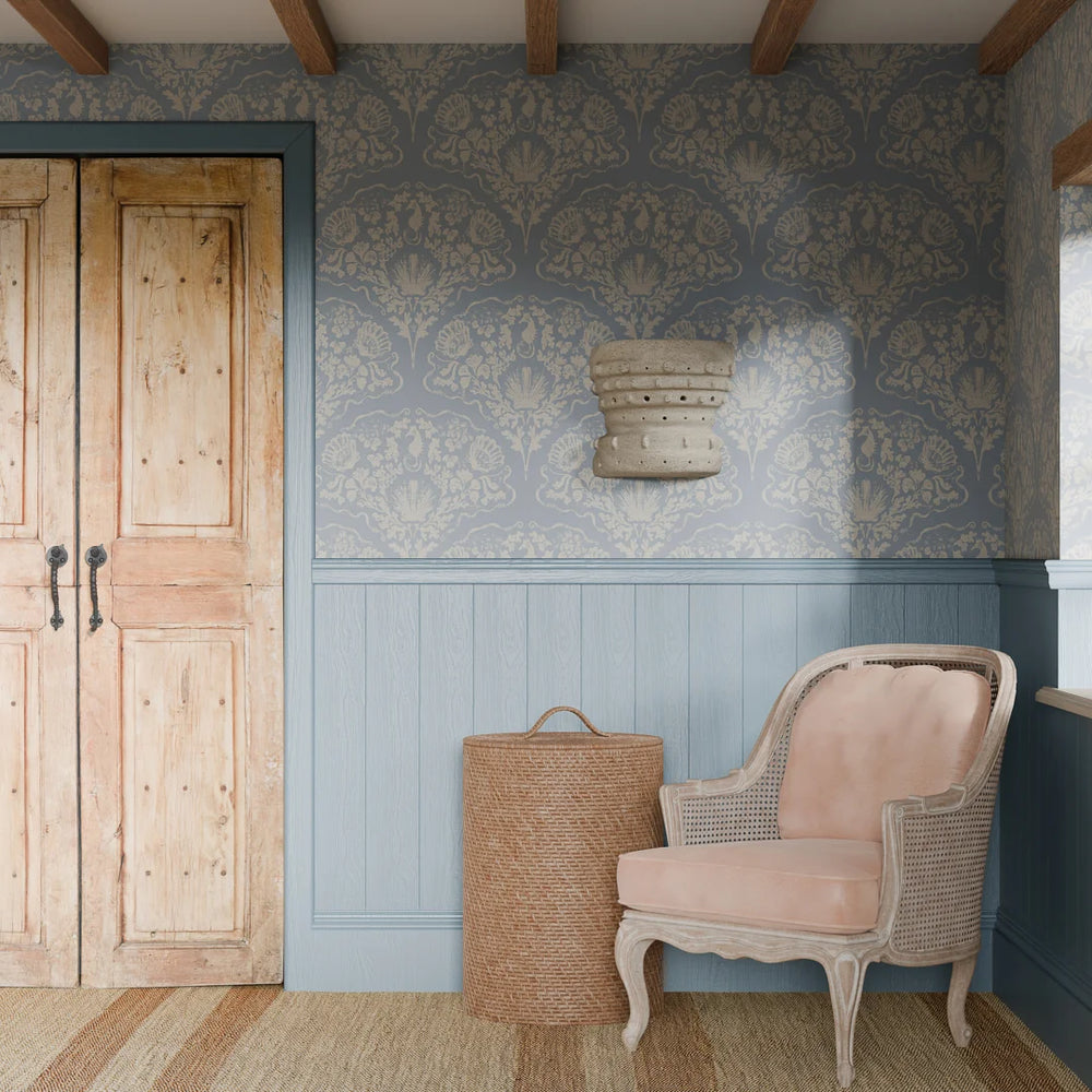 LAN100326 - St. Mawes Lace Wallpaper - Pearl White on Cornflower Blue - Lucie Annabel