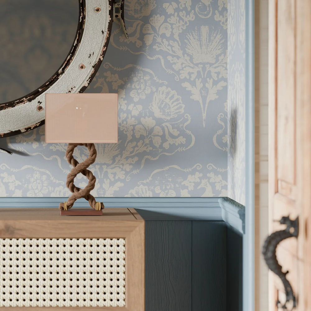 LAN100326 - St. Mawes Lace Wallpaper - Pearl White on Cornflower Blue - Lucie Annabel