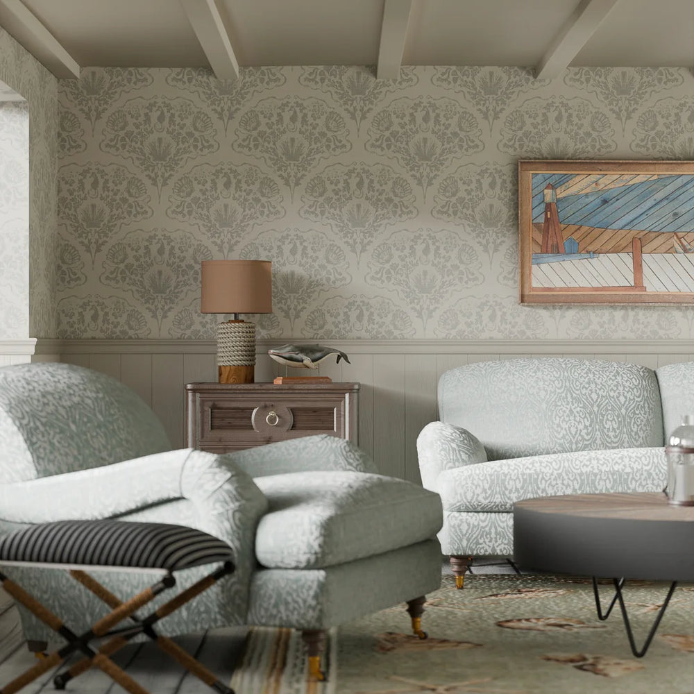 LAN100328 - St. Mawes Lace Wallpaper - Soft Rustic Green on Vintage Cream - Lucie Annabel
