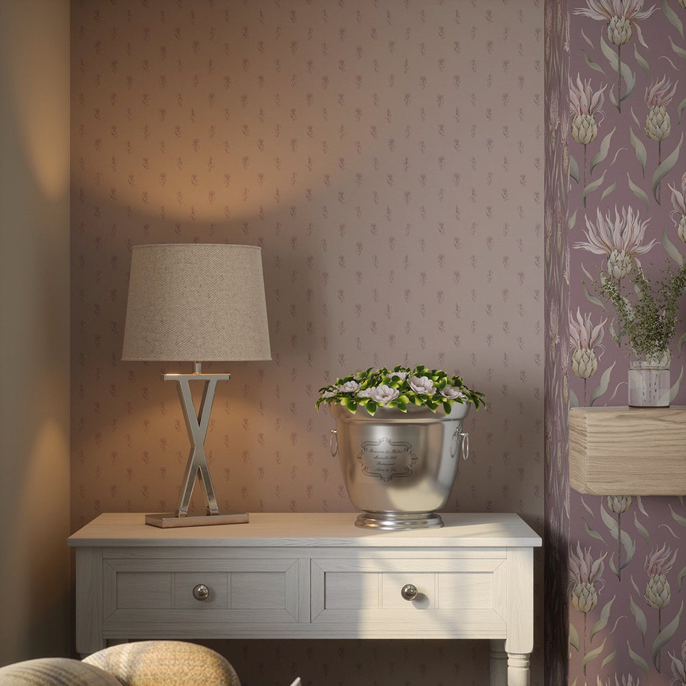 LAN100351 - Wee Thistle Wallpaper - French Mauve on Vintage Rose - Lucie Annabel
