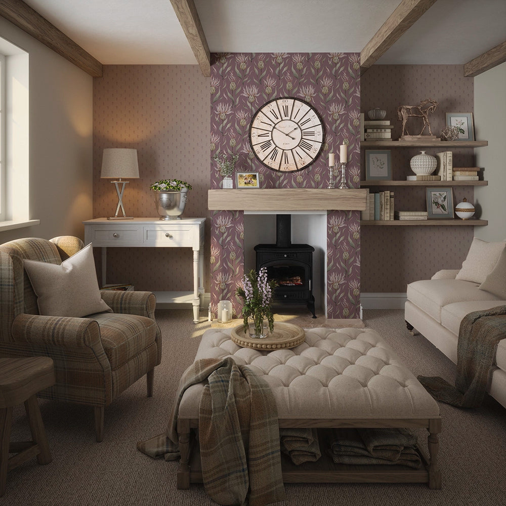 LAN100351 - Wee Thistle Wallpaper - French Mauve on Vintage Rose - Lucie Annabel