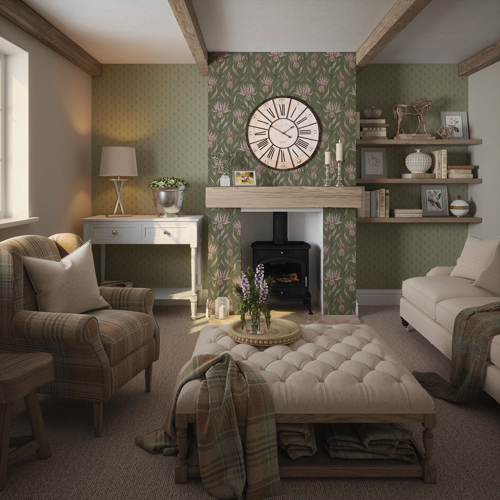LAN100352 - Wee Thistle Wallpaper - Slow Cooked Sage & New Forest Green - Lucie Annabel
