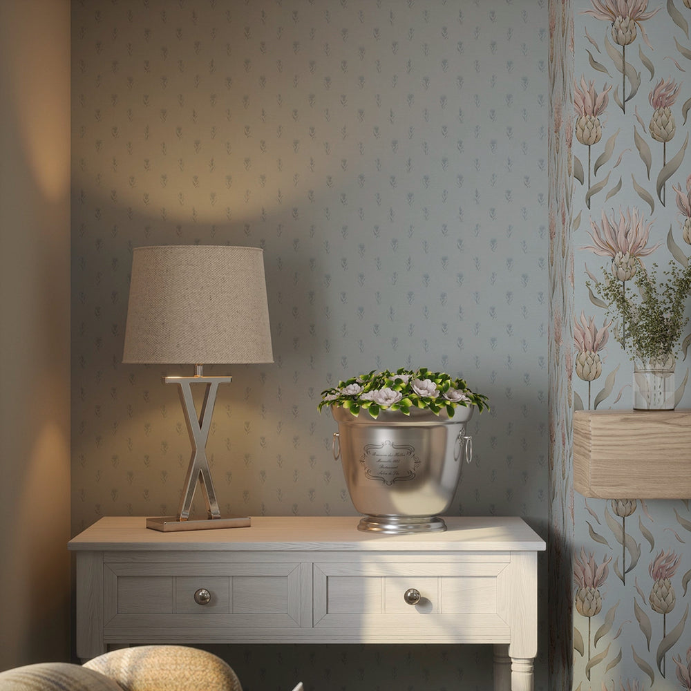LAN100354 - Wee Thistle Wallpaper - Cornflower Blue on Mineral Mist - Lucie Annabel