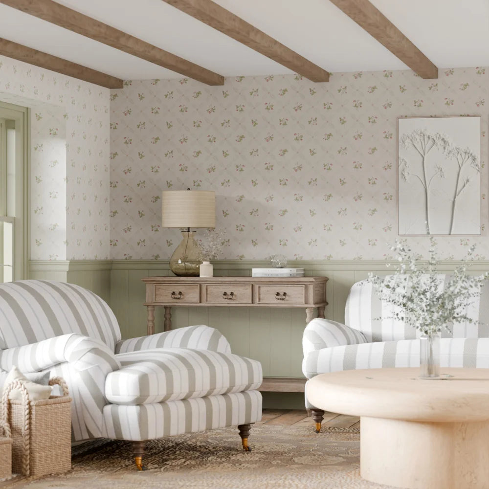 LAN100383 - Strawberry Harvest Trellis Wallpaper - Summer Greens & Berry Red - Lucie Annabel