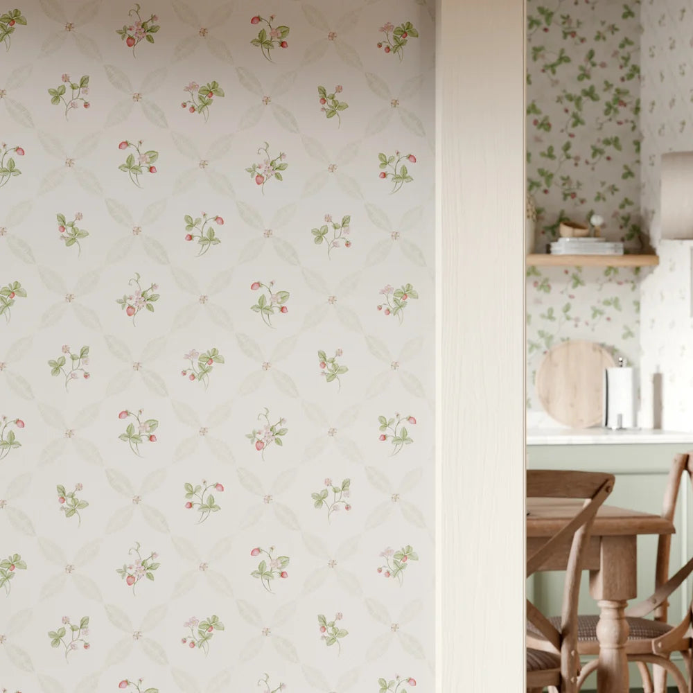 LAN100383 - Strawberry Harvest Trellis Wallpaper - Summer Greens & Berry Red - Lucie Annabel