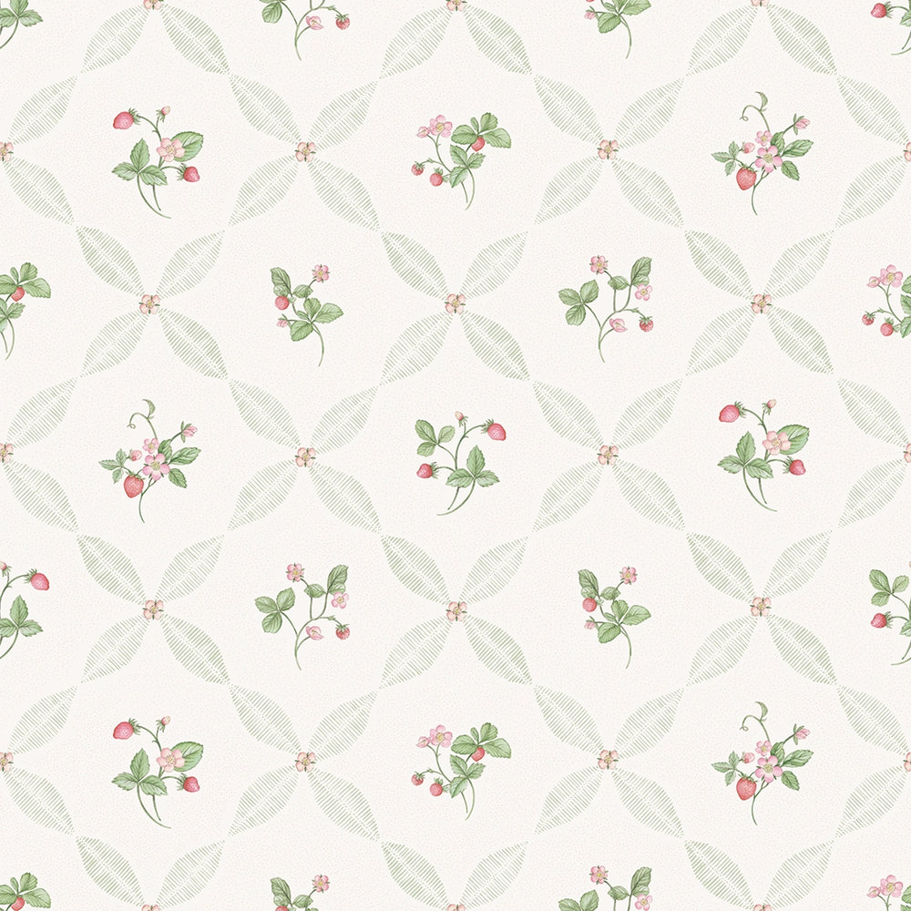 LAN100383 - Strawberry Harvest Trellis Wallpaper - Summer Greens & Berry Red - Lucie Annabel