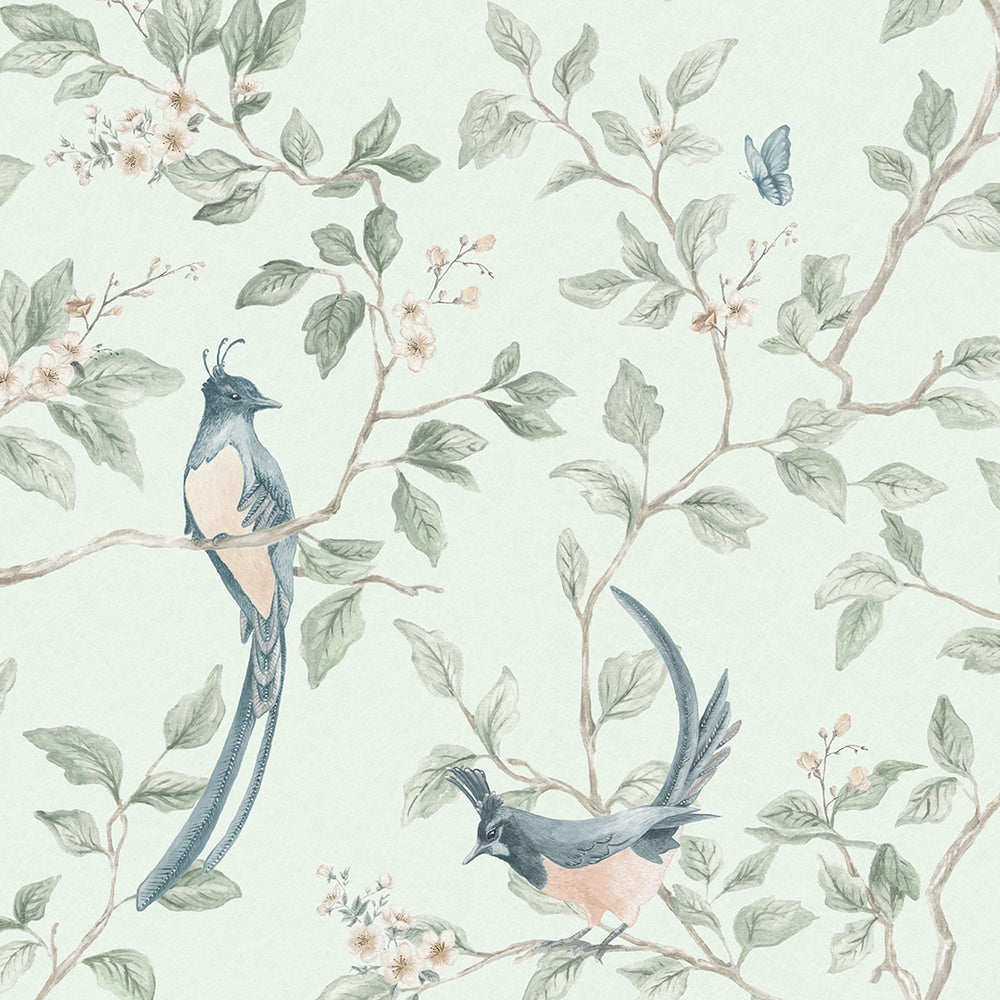 LAN100391 - Song of The Lovebirds Wallpaper - Duck Egg - Lucie Annabel