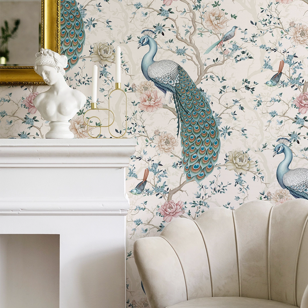 LAN100399 - The Peacock's Promise Wallpaper - Vintage Cream - Lucie Annabel