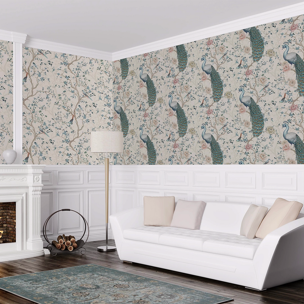 LAN100399 - The Peacock's Promise Wallpaper - Vintage Cream - Lucie Annabel