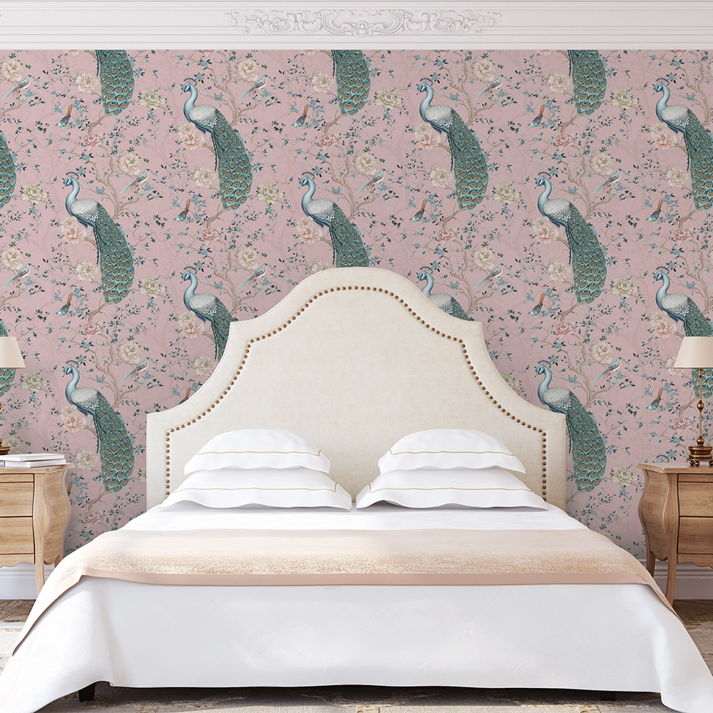 LAN100401 - The Peacock's Promise Wallpaper - Rose - Lucie Annabel