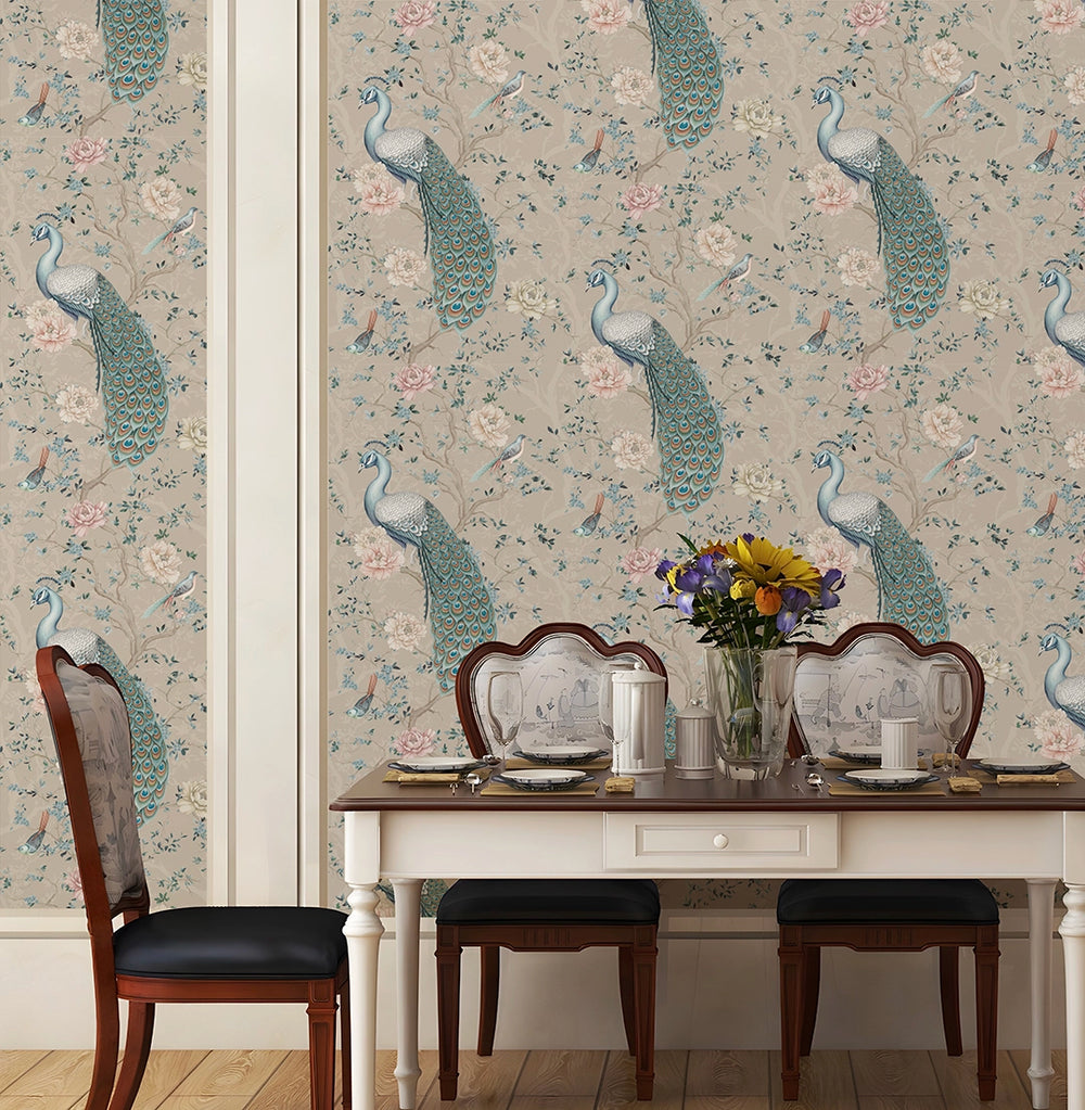 LAN100402 - The Peacock's Promise Wallpaper - Latte - Lucie Annabel