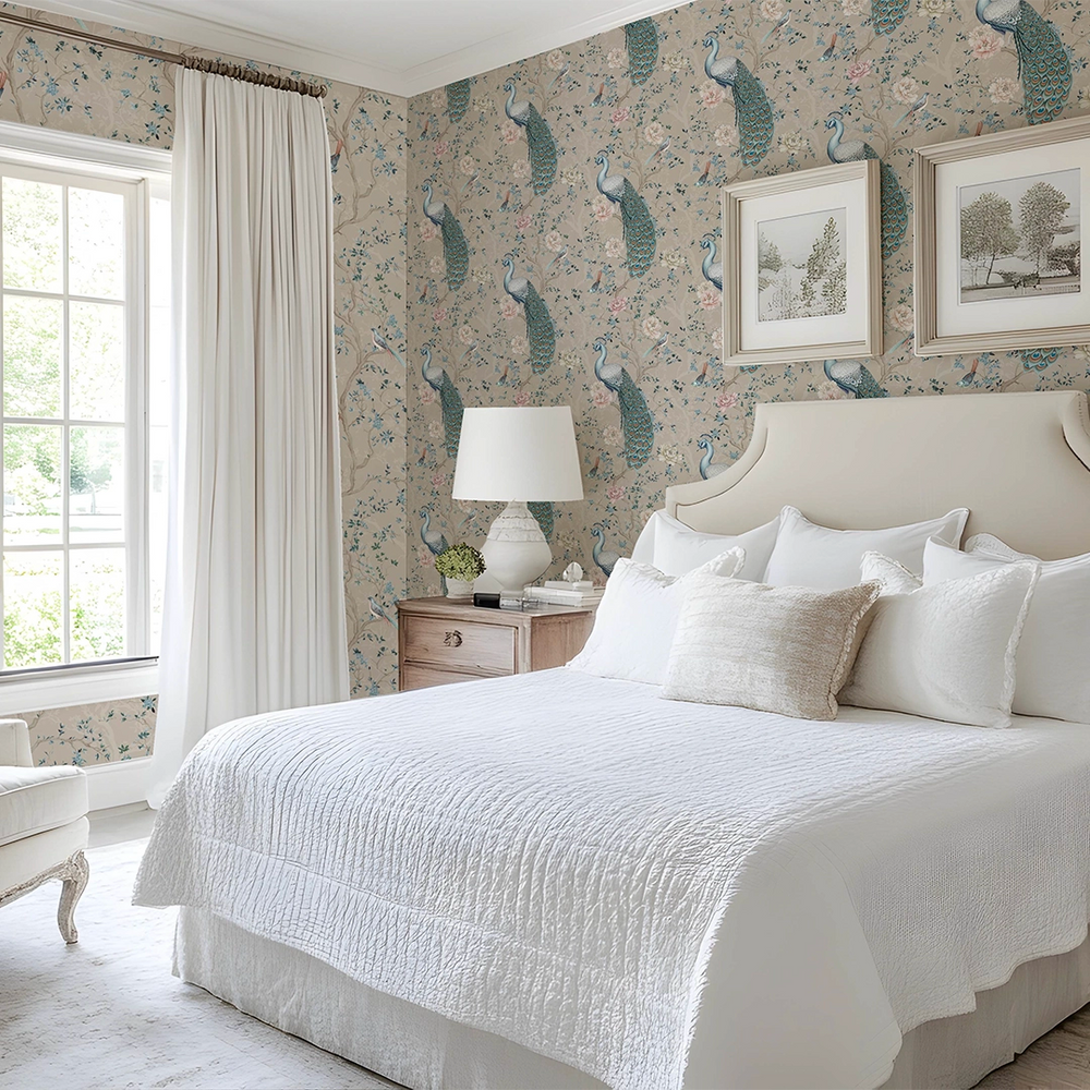 LAN100402 - The Peacock's Promise Wallpaper - Latte - Lucie Annabel