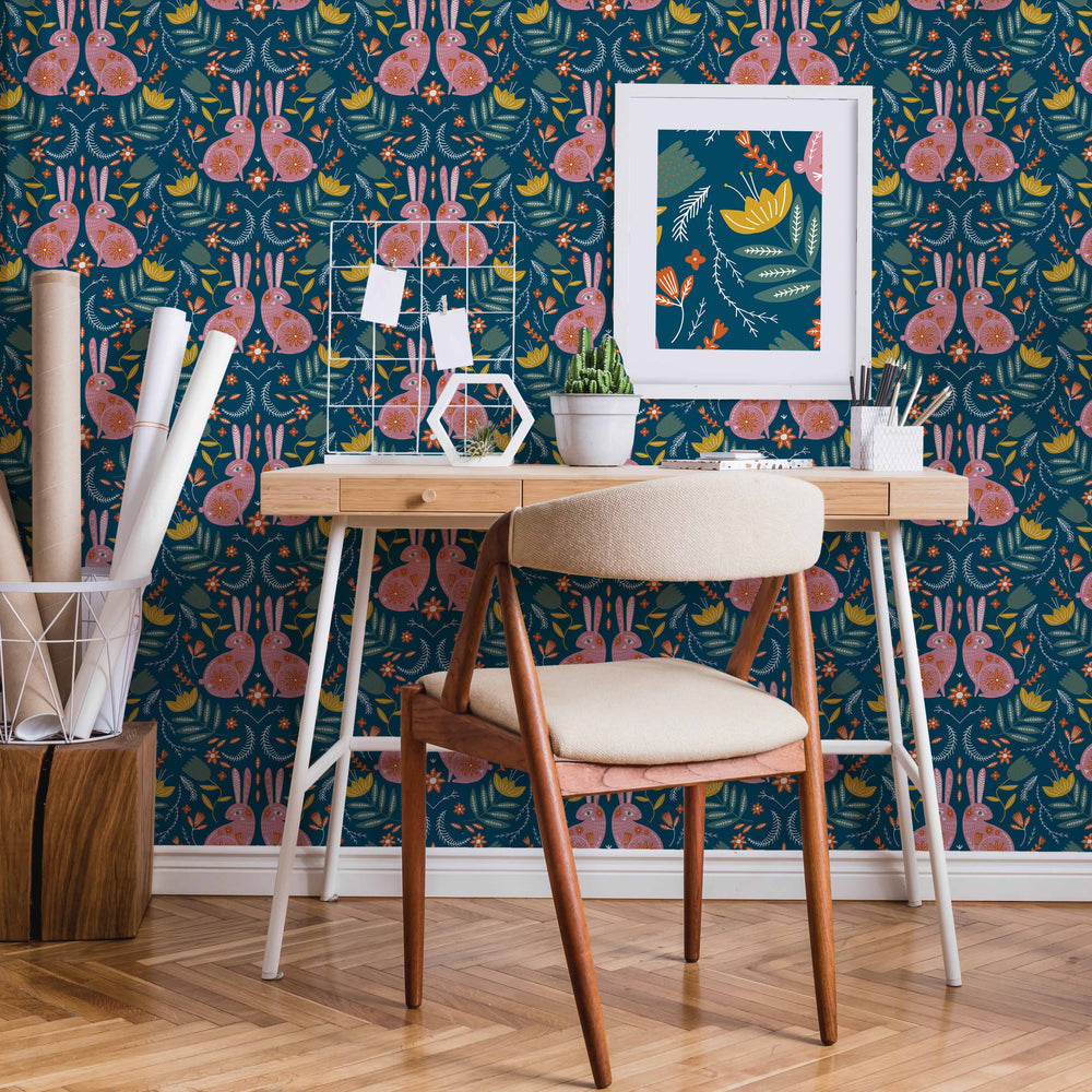 LH900012 - Bunny Tales Wallpaper - Teal & Cherry Blossom - Lust Home