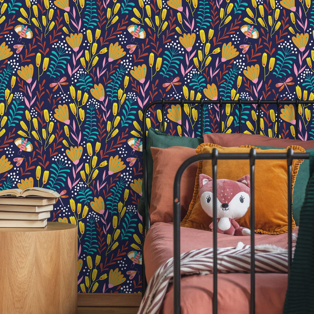 LH900039 - Garden of Eden Wallpaper - Indigo Blue, Sunshine Yellow, & Teal - Lust Home
