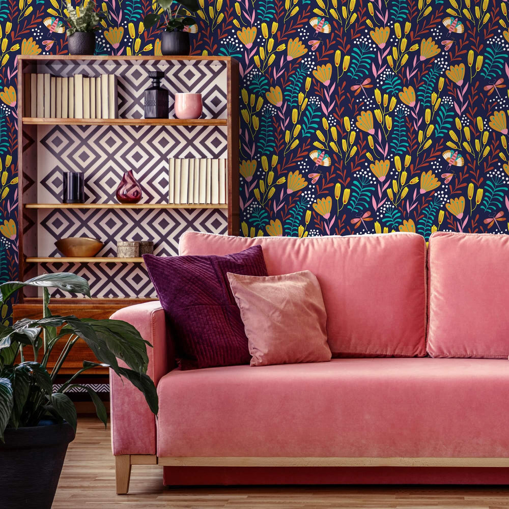 LH900039 - Garden of Eden Wallpaper - Indigo Blue, Sunshine Yellow, & Teal - Lust Home