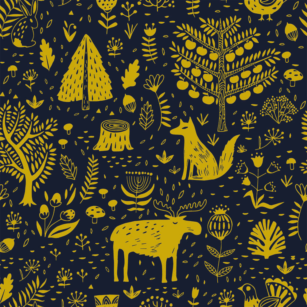 LH900044 - Moose in The Hoose Wallpaper - Midnight Blue & Mustard - Lust Home