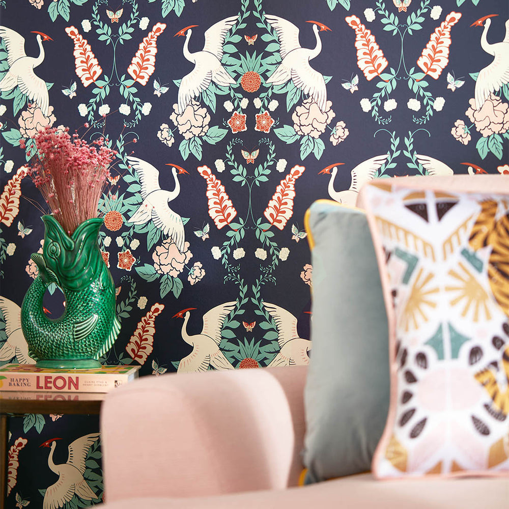 LH900127 - Master Crane Wallpaper - Oxford Blue, Duck Egg, & Peony Pink - Lust Home