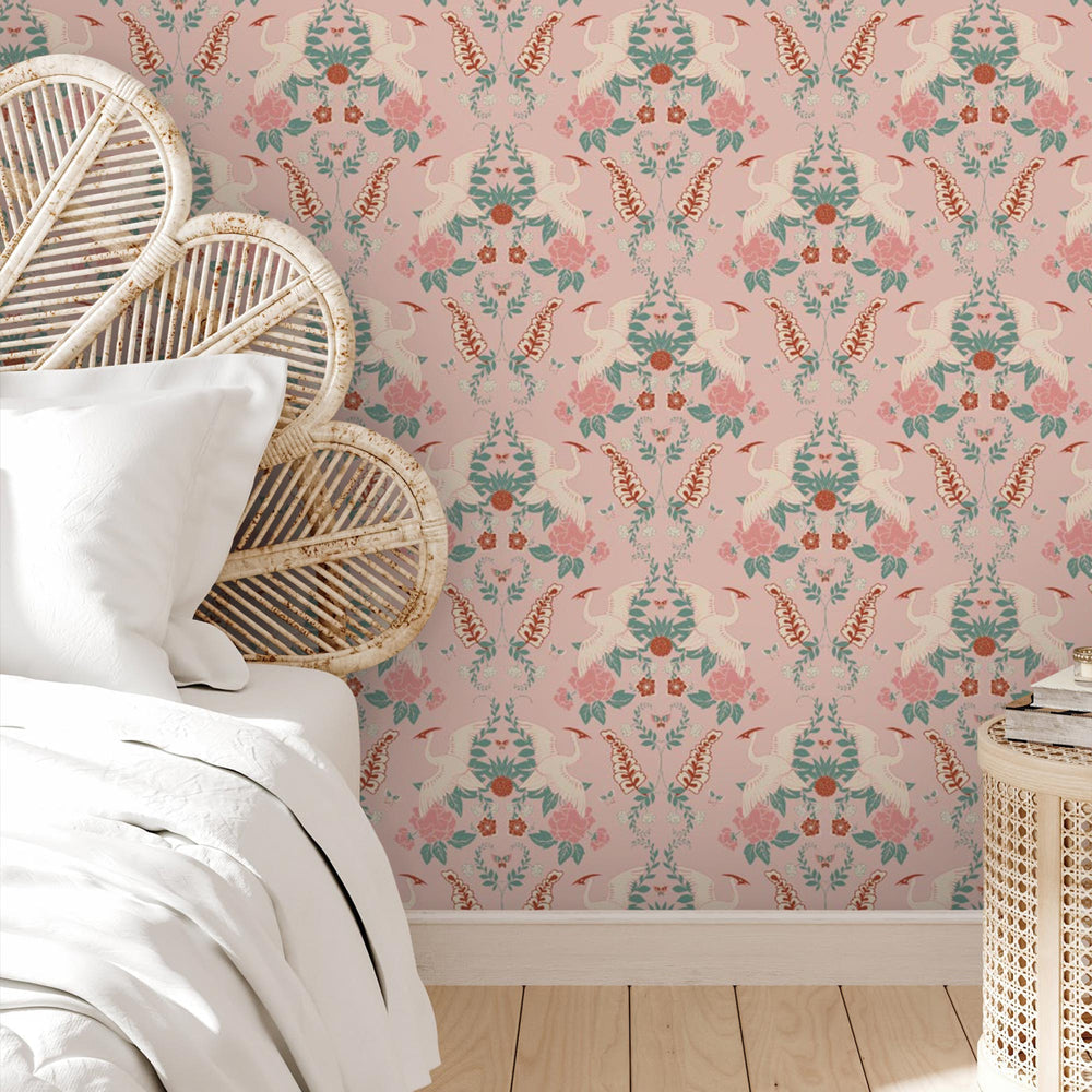 LH900128 - Master Crane Wallpaper - Cloud Pink, Duck Egg & Quartz Pink - Lust Home