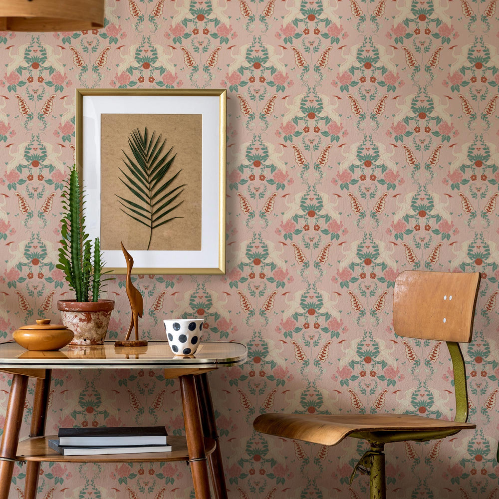 LH900128 - Master Crane Wallpaper - Cloud Pink, Duck Egg & Quartz Pink - Lust Home