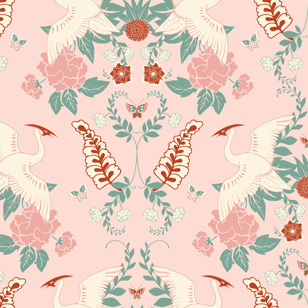 LH900128 - Master Crane Wallpaper - Cloud Pink, Duck Egg & Quartz Pink - Lust Home