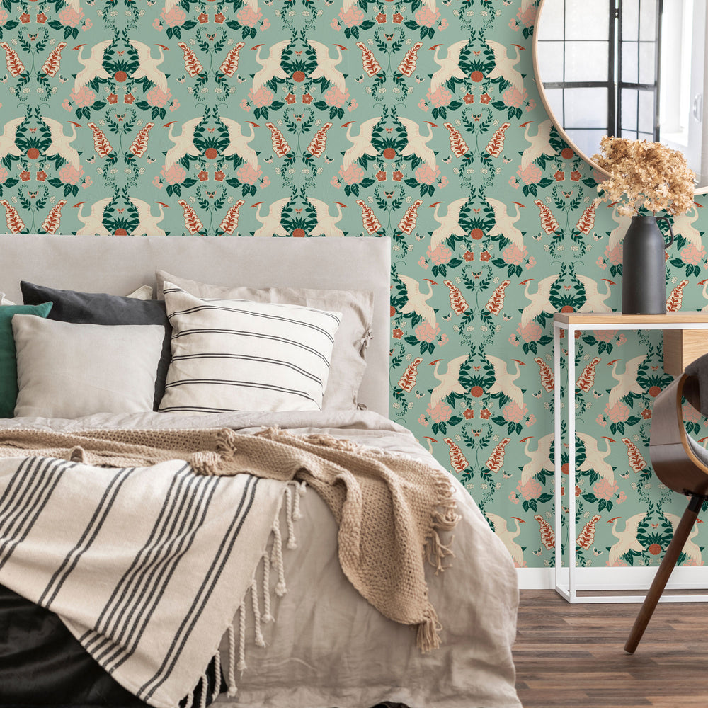 LH900129 - Master Crane Wallpaper - Duck Egg, Emerald Green, & Peony Pink - Lust Home