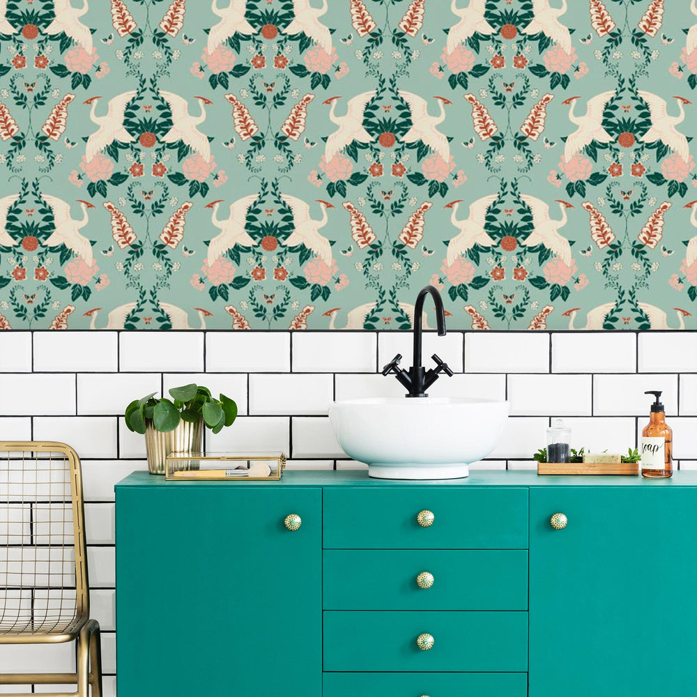 LH900129 - Master Crane Wallpaper - Duck Egg, Emerald Green, & Peony Pink - Lust Home